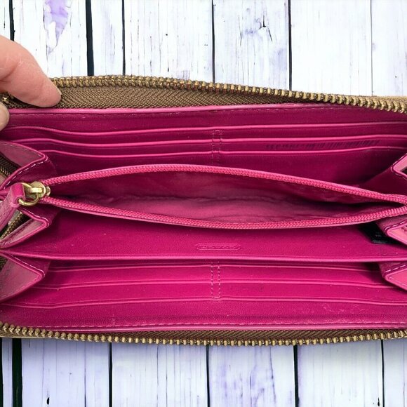 COACH Tattersall Large Zip Around Wallet Gold Signature Coated Canvas & Leather - Picture 8 of 9